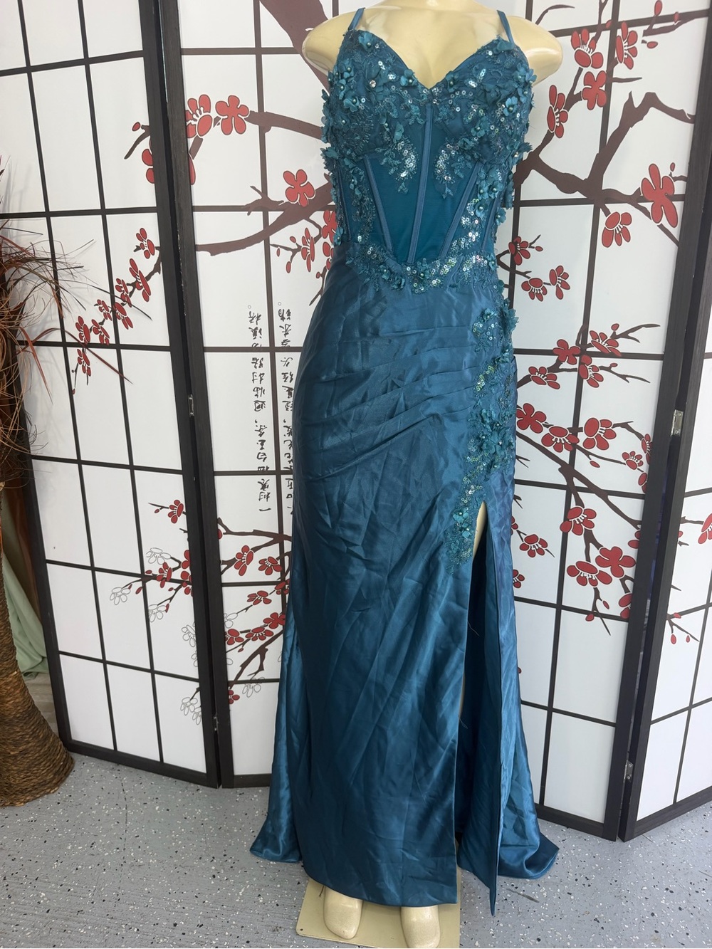 Teal Beaded Prom Gown with Side Slit - Women Dresses